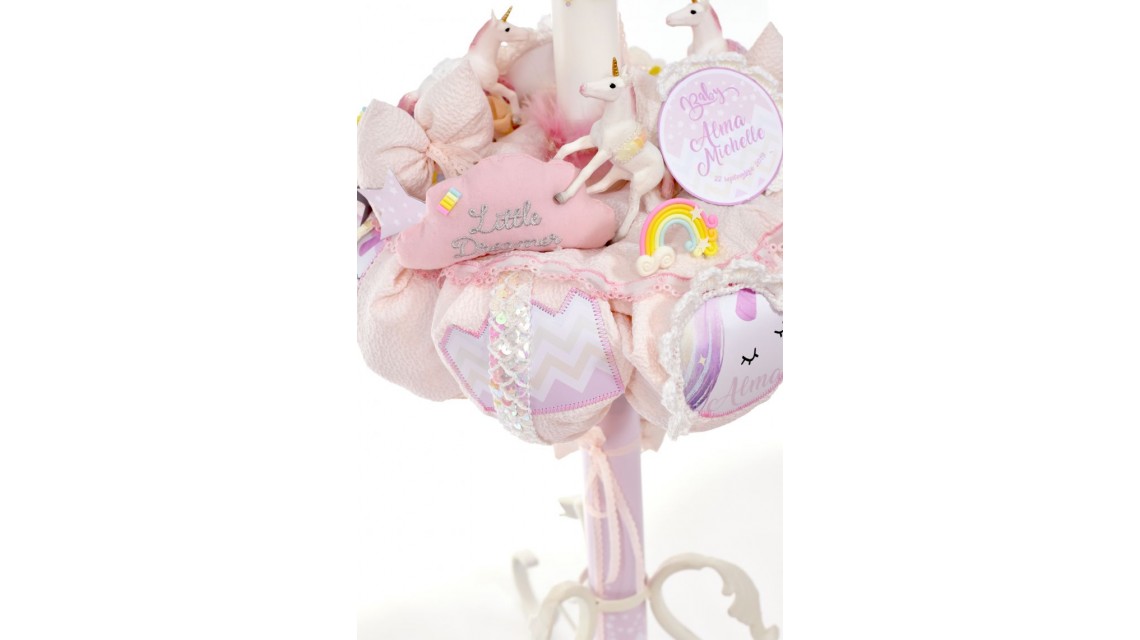 Lumanare de botez roz pentru fetite cu unicorni, 65x4cm, Baby Unicorn 4